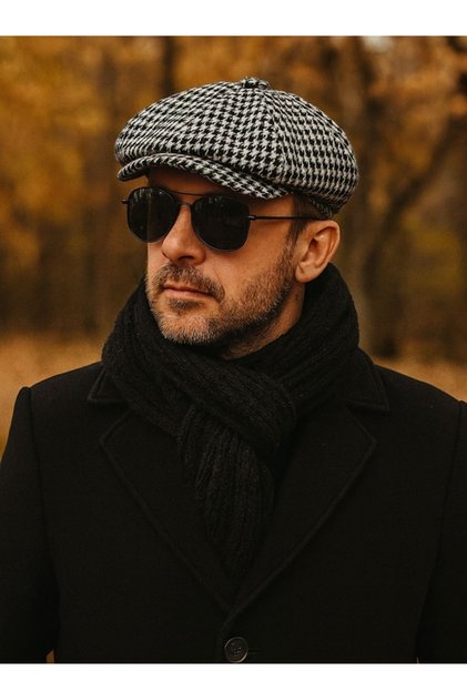قبعة رجالية منسوجة من الكشمير مكونة من 8 قطع على طراز Peaky Blinders، قبعة خريف وشتاء بنمط ظهر السمكة..