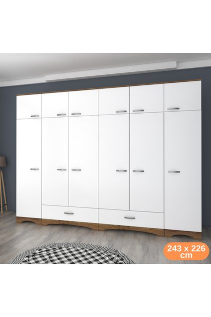Rani BA133 Geniş Gardırop Elbise Dolabı 12 Kapaklı 16 Raflı 2 Askılı Minyatür Ceviz - Beyaz