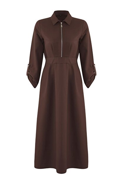 Trendyolmilla Modest Koyu Kahverengi Fermuar Detaylı Gabardin