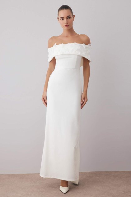 Rochie de seară cu căptușeală din țesut cu aplicație florală cu guler Carmen alb Rochie de noapte Mezuiyet TPRSS25AE00107