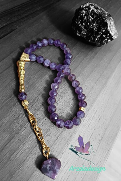 arzela Doğal Taş AMETİST KRISTAL KESİM ERKEK TESBİH 33 LÜ 8mm taş