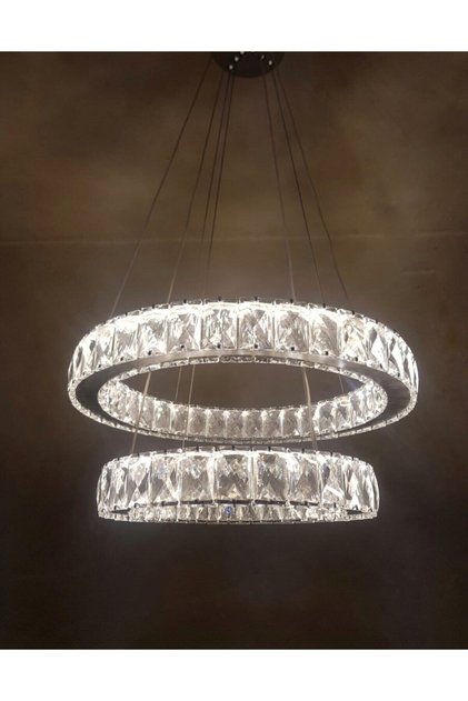 Ghome Modern Gümüş Sarkıt Kristal Taşlı Üç Renk Led Ikili Avize