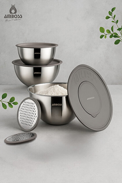 Amboss Satin 9 Parça Paslanmaz Çelik Çok Amaçlı Kase Seti Gri