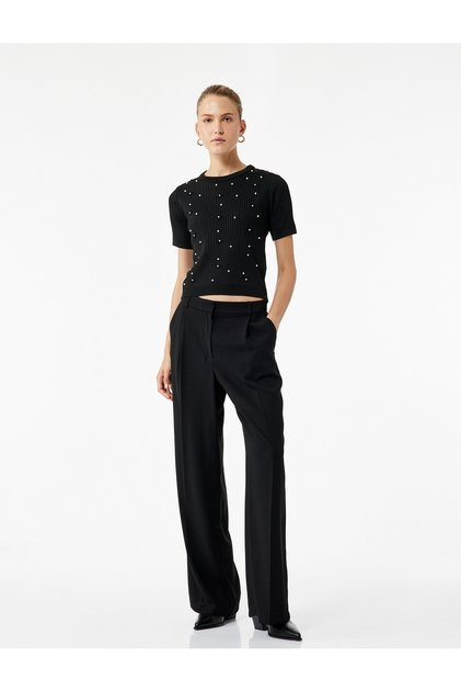Pearl Embroidered Short Sleeve Crew Neck Rhinestone Knitwear Sweater