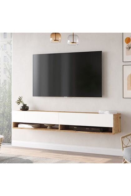 Aven Tv Ünitesi Tv Sehpası Kapaklı Raflı 180cm Çam-Beyaz AVE9-AW