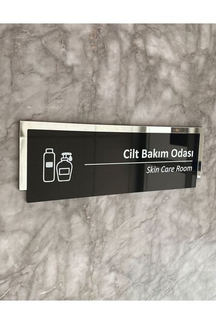 Cilt Bakım Odası Kapı Isimliği Aynalı Siyah Pleksi Yönlendirme Levhası Kendinden Yapışkanlı 25x8 Cm