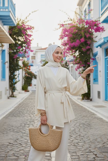 Cream - Natural Viscose Fabric Pocketed Belted Women's Hijab Kimono 1168-Tes