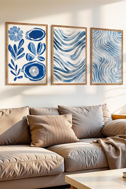 3 Piece Blue Touches Themed Wood Frame Look Mdf Painting Set