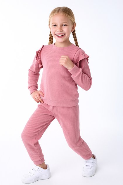Cotton Ruffled Shoulder Tracksuit Bottom Top Girl's Two-Piece Set