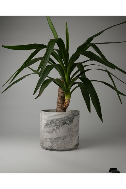Dekoratif Büyük Boy Beton Saksı - Mermer Desenlil- Silindir 4.5L - 20x18 CM