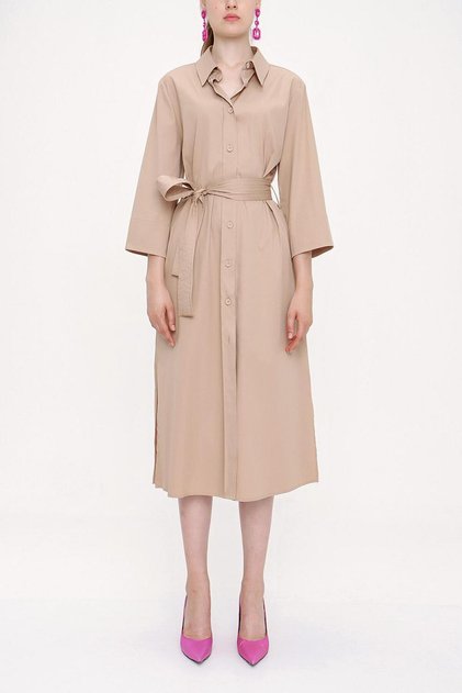 Bej Kemerli bol poplin elbise 93995