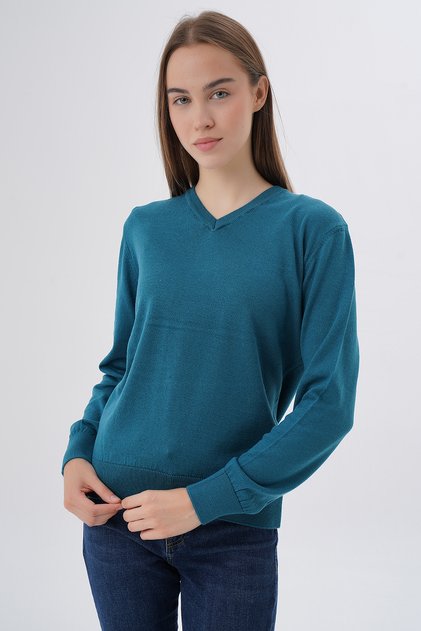 Women's Petrol 100% Organic Cotton V-Neck Knitwear Sweater Blouse Trist-6102