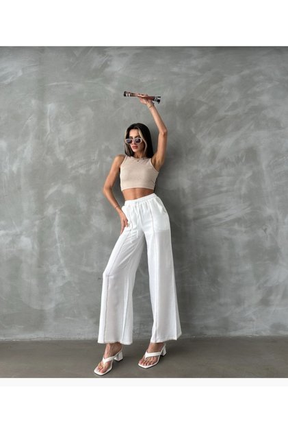 Women's Casual White Color Embroidery Detailed Bottom Pants