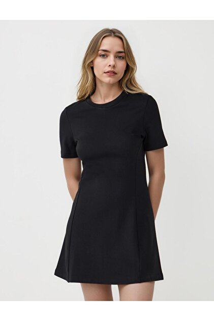 Jimmy Key Siyah Bisiklet Yaka Kısa Kollu Örme Mini Elbise - Fiyatı