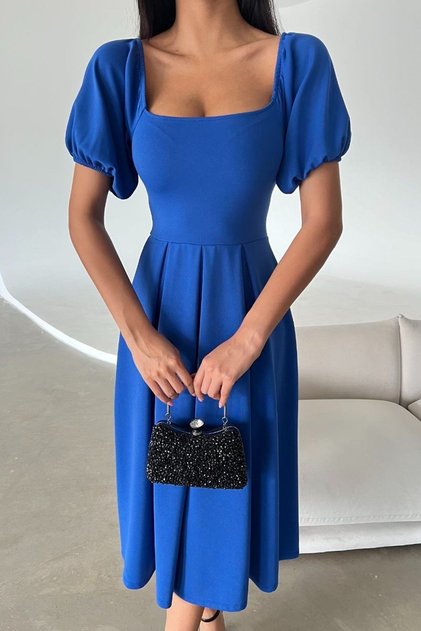 Cobalt Blue Diver Fabric Square Collar Balloon Sleeve Detail Flared Midi Dress582613