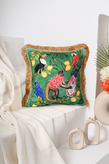 Green Background Tropical Chinese Style Monkey Pattern Digital Printed Velvet Cushion Cover with Fringes 43X43Cm