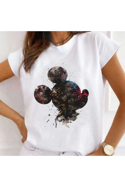 Tricou damă, bumbac, Mickey în acuarelă, alb - L