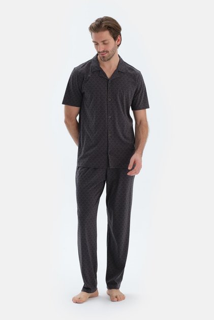 Anthracite Microprint Printed Combed Cotton Modal Shirt Pants Pajama Set