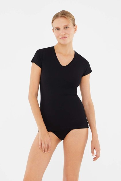 Black V-Neck Combed Cotton Short Sleeve Women's T-Shirt