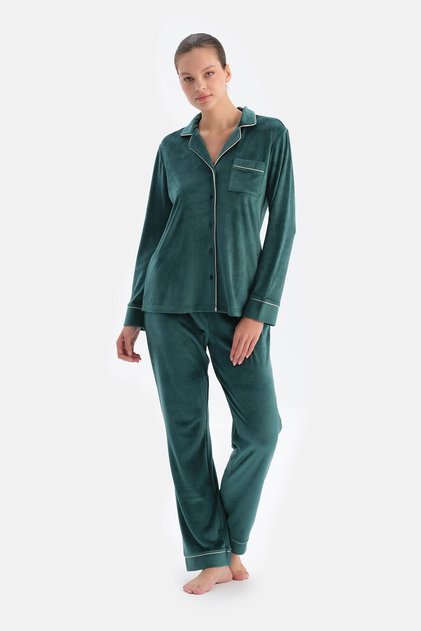 Petrol Green Velvet Shirt Pants Pajama Set with Piping Detail