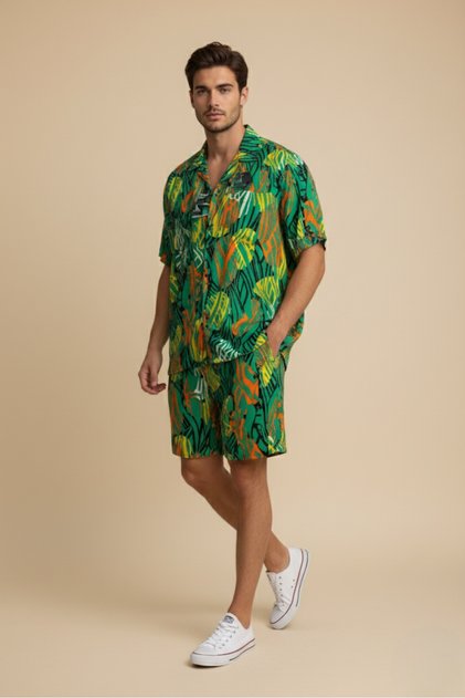 Green Color Patterned Viscose Men's Shirt - Shorts Bottom Top Set