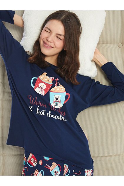 Navy Blue Crew Neck Printed Women's Pajamas Set