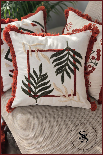 Beauty Flowers Punch Embroidered Patterned Linen Cushion Cover