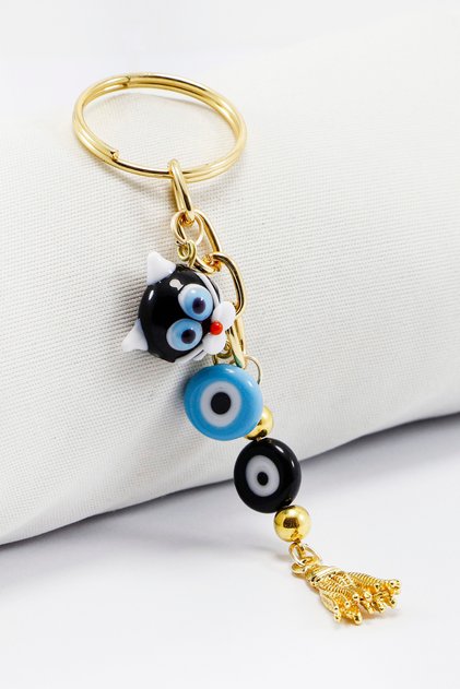 Handmade Glass Evil Eye Beaded Cute Kitten Keychain, Gift Keychain