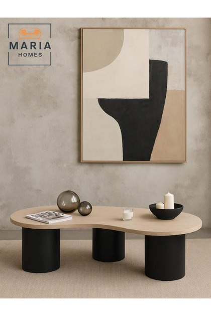 Modern Coffee Table 130×62×40 cm – Beige Laminate Top with Black Cylindrical Base