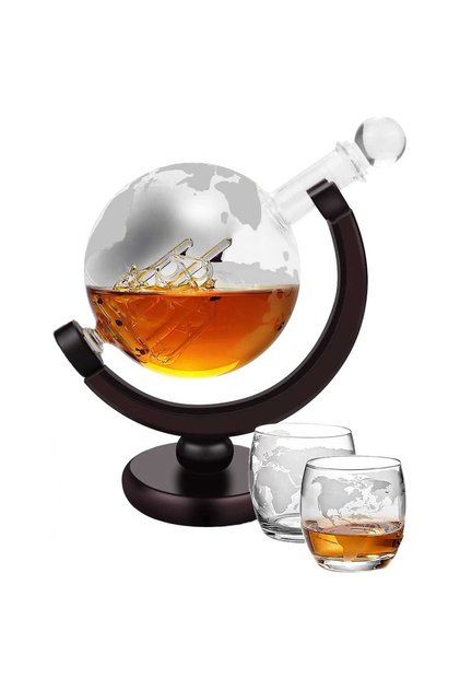 Σετ καράφα ουίσκι Globe με 2 χαραγμένα ποτήρια, ξύλινη βάση, διαφανές