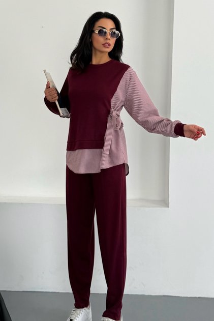 Women's Striped Shirt Detail Side-Tie Long Sleeve Straight Leg Bottom-Top Modal Set
