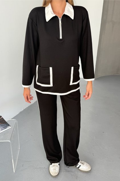 Black Modal Fabric Cotton Double Suit Women - Comfortable Stylish Bottom Top Suit - Zipper Collar Pocket