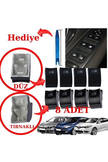 Fluence Megane 3 Laguna 3 Cam Düğmesi Seti Sağ Sol Ön Arka 8 Adetli Set