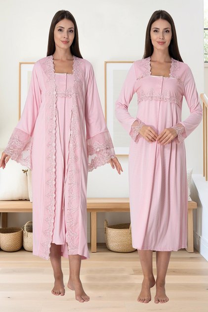 Women's Powder Special Design Lace Buttoned Long Sleeve Maternity Maternity Dressing Gown Nightgown Set