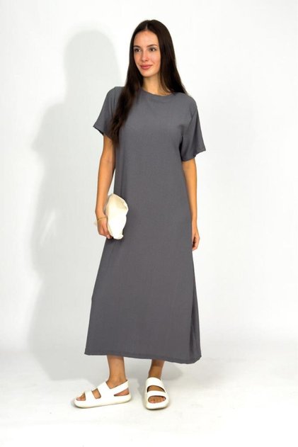 Women's Wrinkle Fabric Slit Oversize Short Sleeve Crew Neck Midi Length Dress Smoked