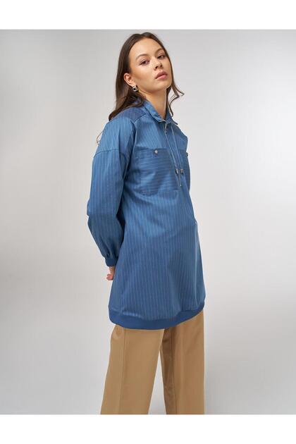 Zipper Detailed Cotton Tunic Indigo