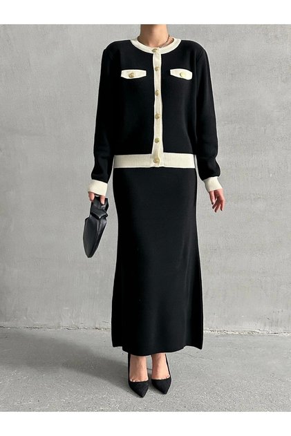 Women's Black Stylish Pocket Detailed Cardigan Skirt Bottom Top Double Knitwear Set