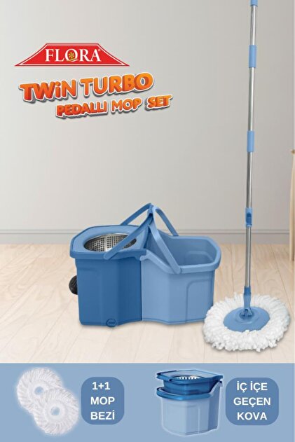 Flora Twin Turbo Pedallı Çelik Mop Set, Temiz ve Kirli Suyu Ayıran
