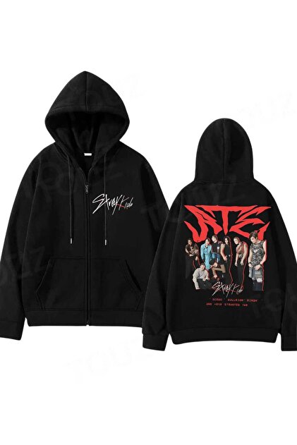 Touz Stray Kids Baskılı Oversize Fermuarlı Siyah Unisex Kapüşonlu
