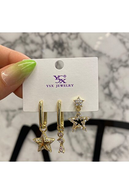 YSX JEWELRY 3'lü Kombin Çelik Küpe Gold