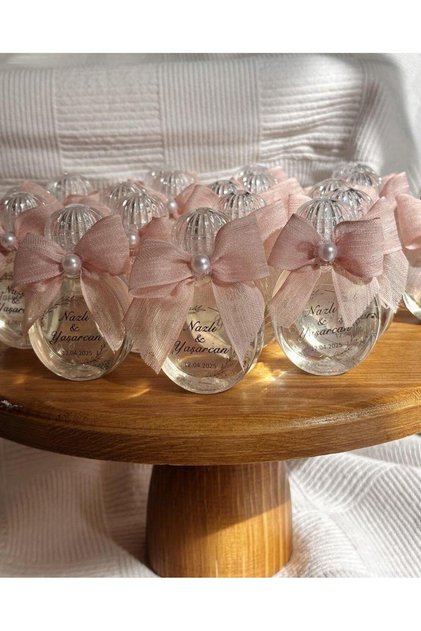 10 adet Mika Şişede Pembe Kurdele Süslemeli Nişan Söz Düğün Hediyelik Kolonya