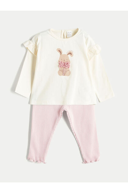 Ecru Crew Neck Printed Baby Girl Blouse and Leggings 2-Piece Set