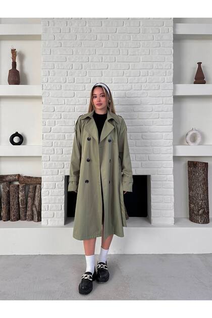 Women's Double Button Stylish and Classic Model Belted Long Trench Coat