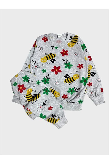 Girl's Cotton Gray Bee Flower Patterned Long Sleeve Seasonal Pajama Set
