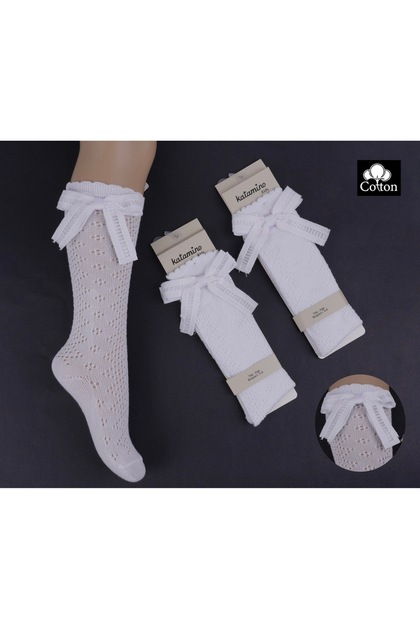 Girl's 2-Piece White Bow Ribbon Knee Socks, School, Nursery, Kindergarten