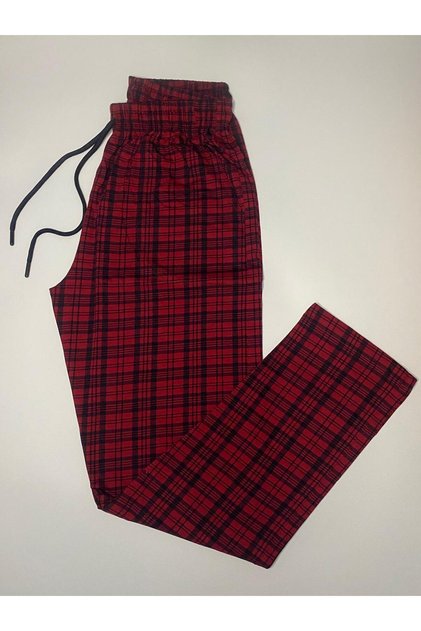 Plaid Patterned Burgundy Unisex Cotton Pajama Bottoms with Pockets