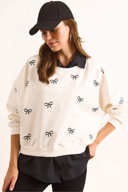 Women's White Black Bow Printed Collar Skirt Shirt Detailed Oversize Sweatshirt Swt-19000730