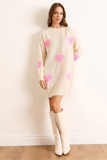 Women's Cream Heart Detailed Soft Textured Knitwear Tunic Dress Elb-19002284