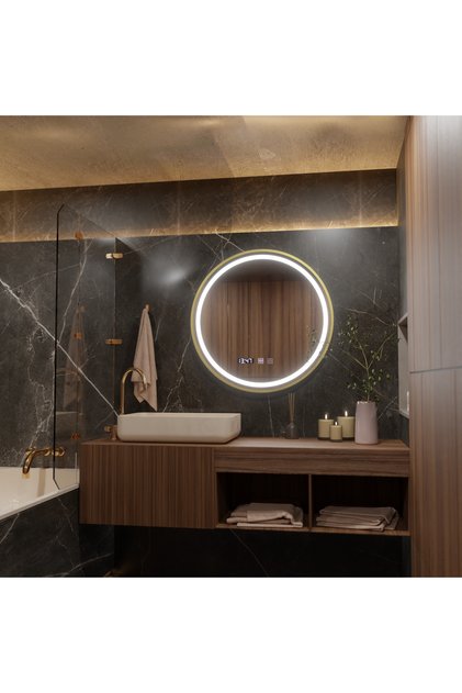 Καθρέφτης Klaus Touch LED με σύστημα αποθάμβωσης, ρολόι και θερμοκρασία, 50 cm, πλαίσιο σε βουρτσισμένο χρυσό