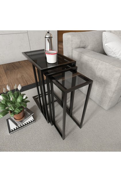 Set 3 masute de cafea dreptunghiulare cu sticla fumurie
